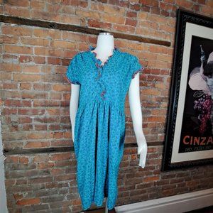 Hand Made Dress Aqua Floral Ruffle RickRack Trim Short Sleeves Cotton Size L